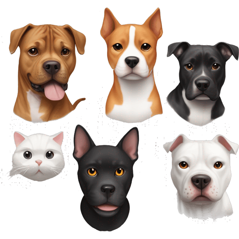 Brown Tabby cat, Grey pitbull with white neck and black spots, black dog with whit neck and 4 orange chicken  emoji