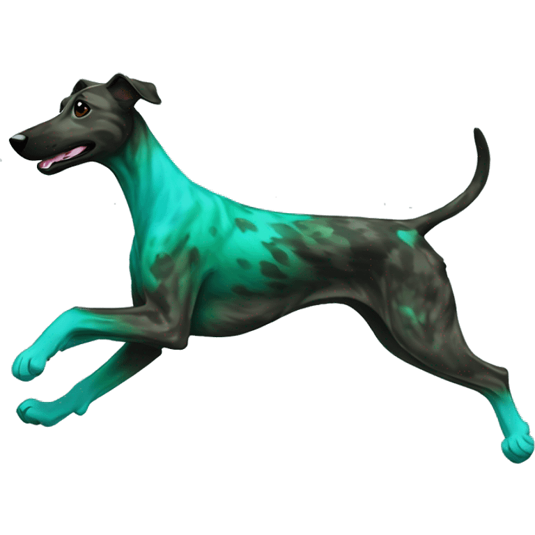 Brindle dog black face lurcher running cyan green blue lighting emoji