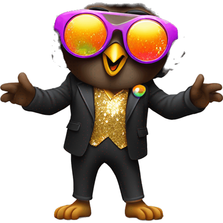  A cute short stubby brown owl with a black Afro and disco sun glasses and a colorful disco suit doing a pose with one finger in the air full body dance emoji