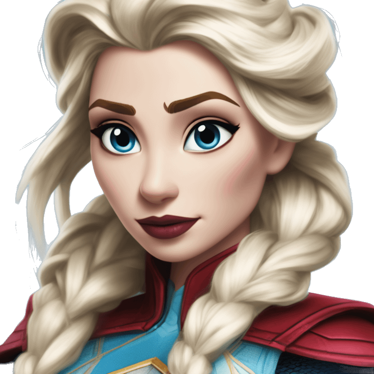 Warcraft award winning Elsa in Marvel Avengers style, oil paint, mysterious eyes, intricate lips, masterpiece pose, odd perspective, beautiful, desirable, logical emoji