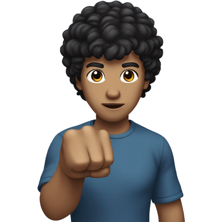 man with short curly black hair with bangs, white skin type, left hand in a fist, right hand covers left hand  emoji