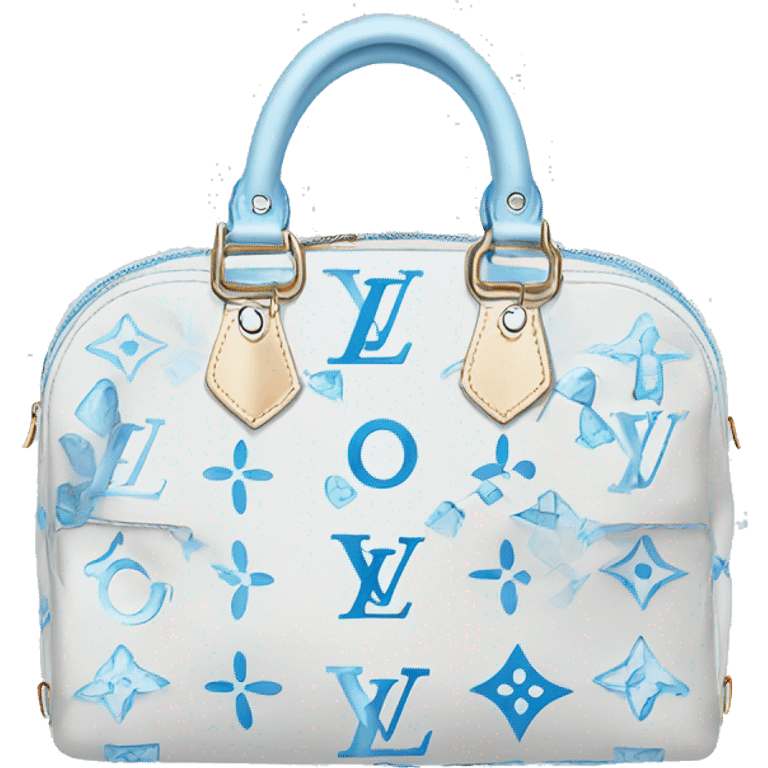 White Designer Louis Vuitton bag with baby blue monogram and baby blue trim emoji