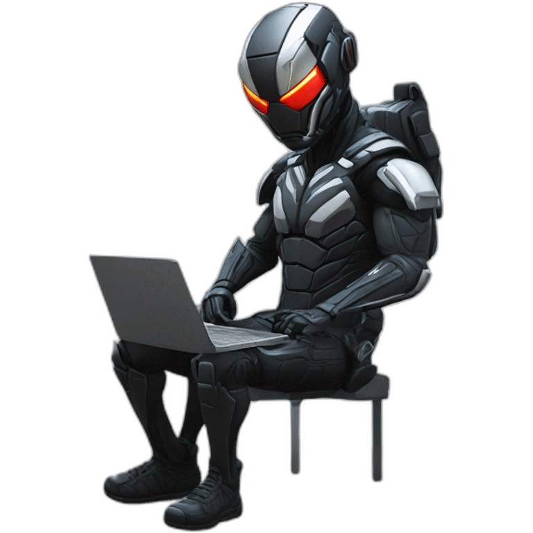 developer behind his laptop with this style : Crytek Crysis Video game with nanosuit character hacker themed character emoji