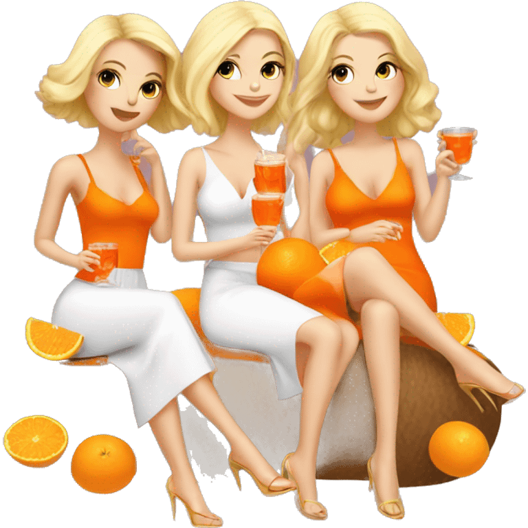 Three beautiful blond girls drinking aperol sitting on oranges emoji