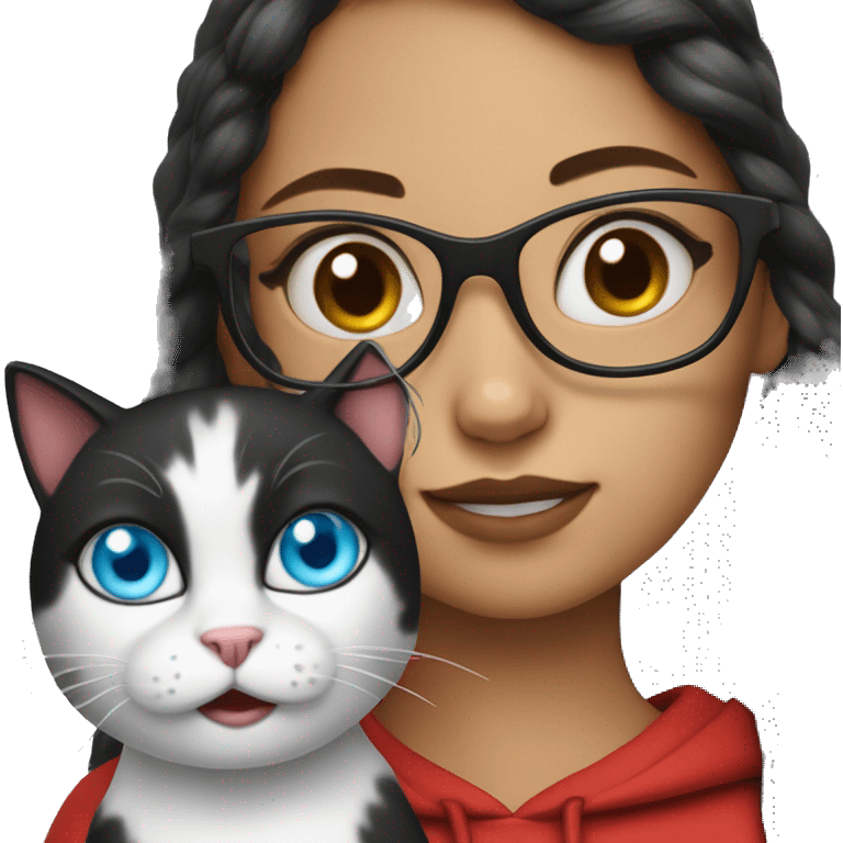 a girl with blue eyes, glasses, a split hair black and red, and her white cat emoji