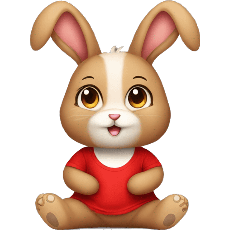 Cute feminine Fluffy brown rabbit teddy wearing red tshirt sitting emoji