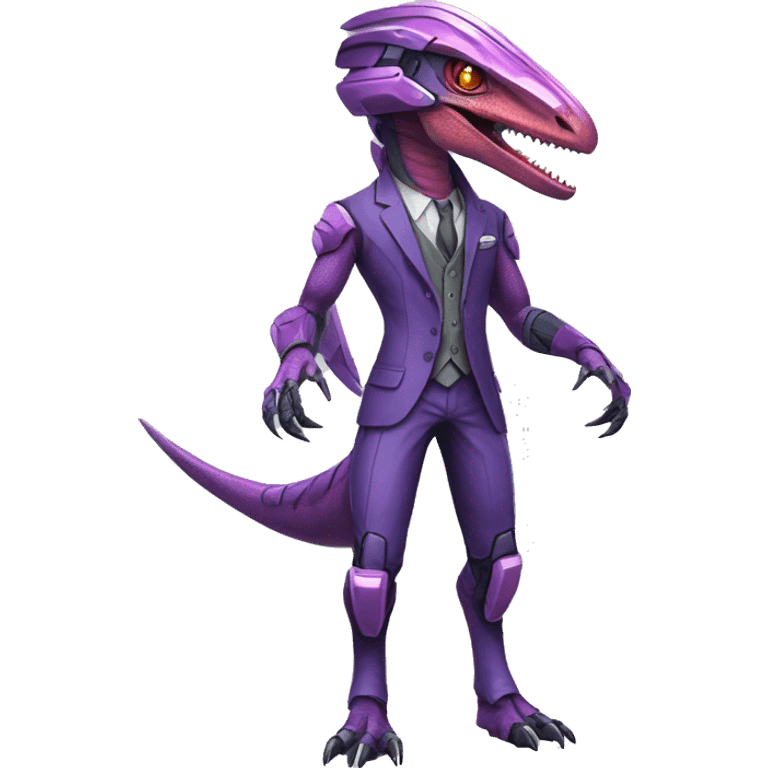 Colorful Edgy Velociraptor-Genesect-Fakémon-Pokémon wearing a with a futuristic helmet And suit Full Body emoji