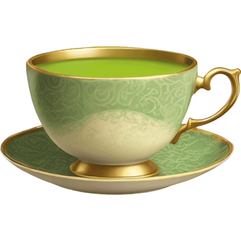 An antique beige tea cup with a vintage pattern and a gold rim, filled with creamy green matcha, steam rising softly above it. emoji