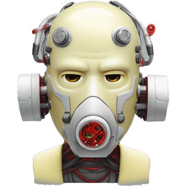 Pastel light yellow round male cyborg head with red respirator mask and circuits emoji