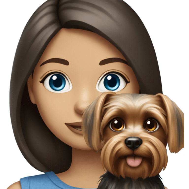 Realistic brunette girl with bright blue eyes holding Yorkshire terrier  emoji