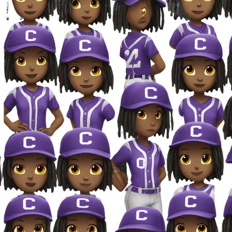 baseball card character. black girl. dread locs. letter C logo. Purple and white uniform.  emoji