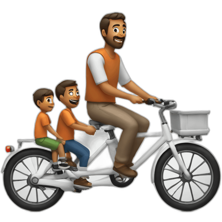 Dad and 3 boys riding a white cargo bike emoji