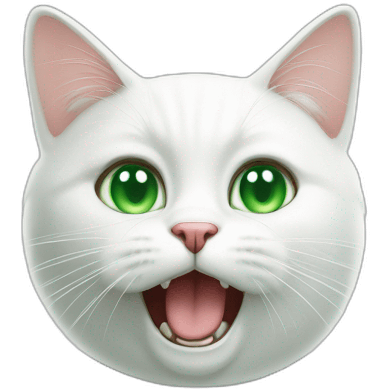 A white cat with green eyes looking confused and meowing emoji