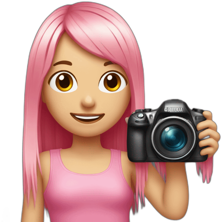 happy girl with long, straight rose hair with fringe and holding camera and wearing pink, pretty top emoji