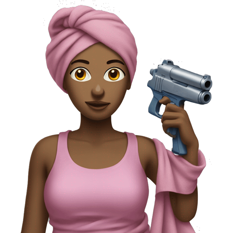 Woman holding a waterpistol and wearing a towel on her head  emoji