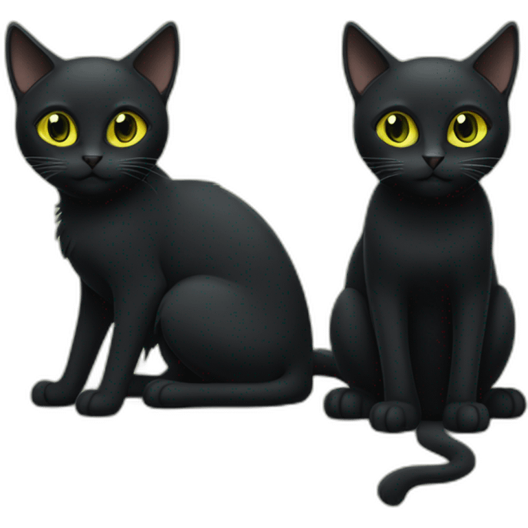 one black cat with green eyes next to an other with yellow eyes. emoji