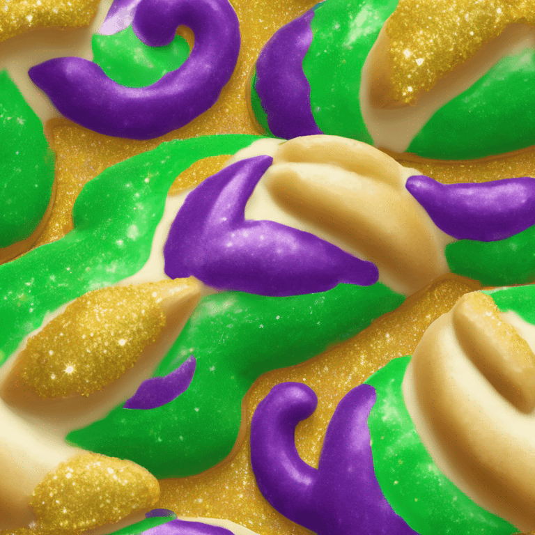 Realistic isolated flat mardi gras oval bundt king cake with glitter icing on top half of the cake. emoji