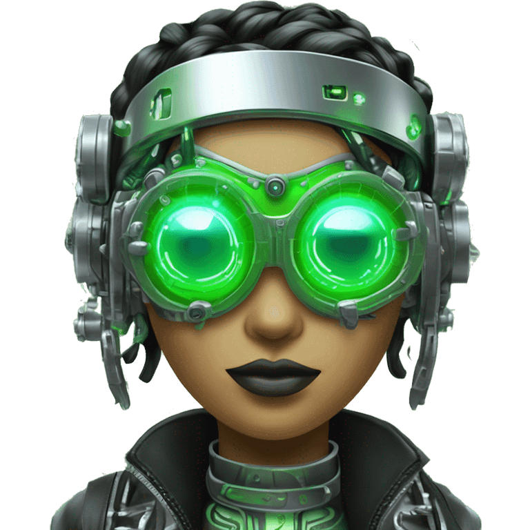 Neon green bobbed hair Latina female cyborg head with silver steampunk goggles and circuits emoji