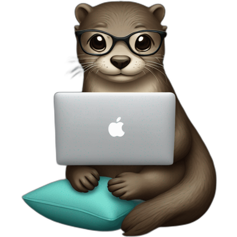 female otter with glasses use a macbook while seated against a pillow emoji