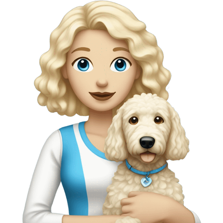 White lady with blonde hair and blue eyes and her white golden doodle dog emoji