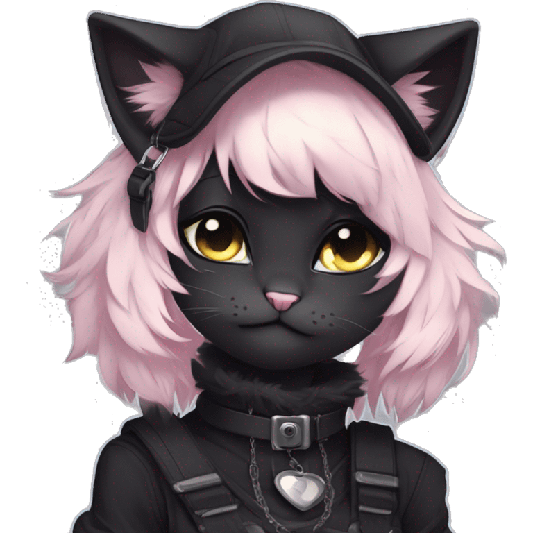 Gorgeous furry dark techwear anime style anthro black cat fursona with blushing face aesthetic and pretty edgy black with collar and harness trending style emoji