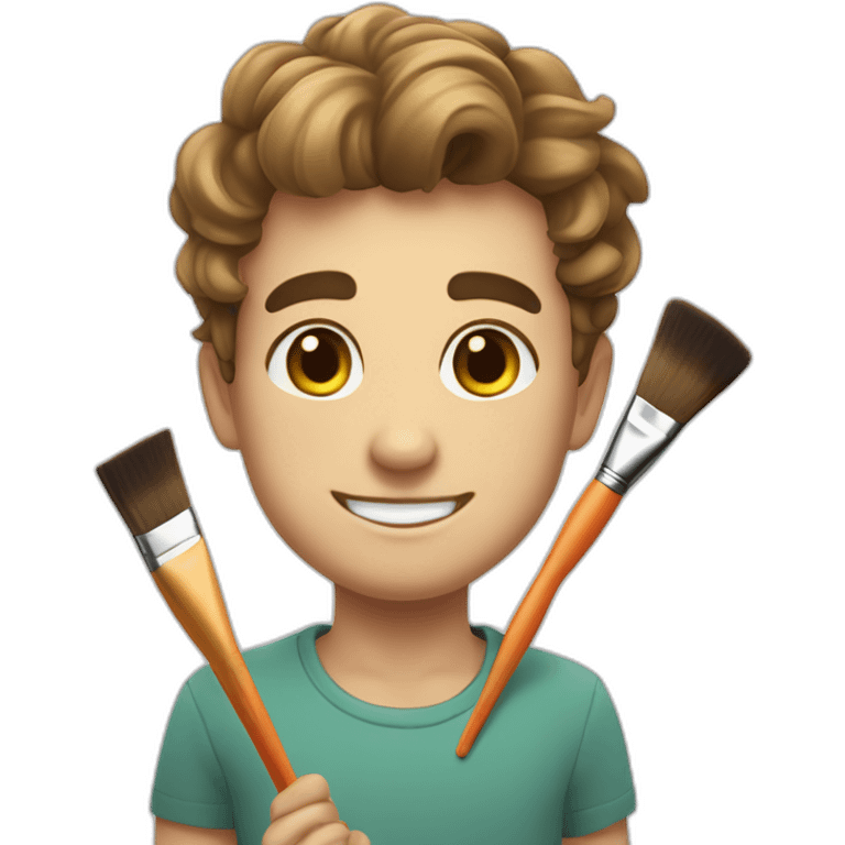 A cute brother with a round face and slightly droopy eyes, smiling with a colored brush in his hand. emoji