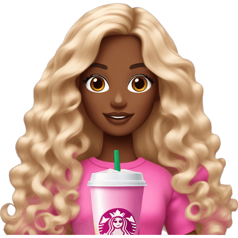 Barbie girl with brown and blonde ombré long curly hair holding Pink starbucks refresher emoji