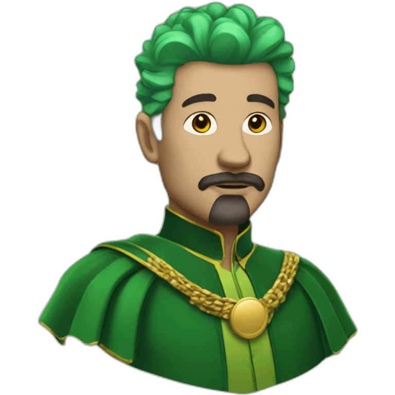 man with green hair green suit and large green top with gold strip hat goatee green cape emoji