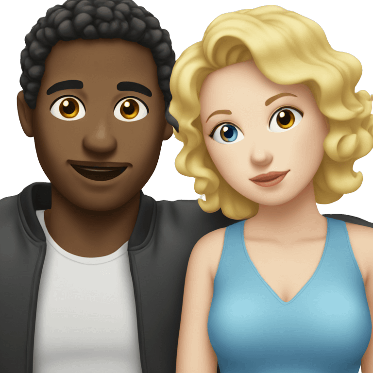 Black man with short Afro kissing white woman with brunette hair and blue eyes emoji