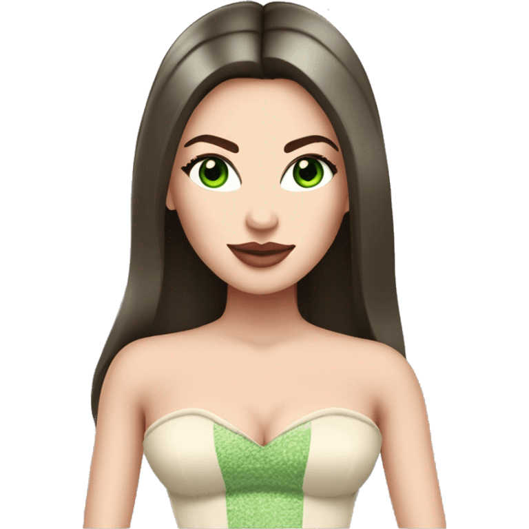 Brunette bombshell supermodel girl with long straight hair, pale skin, pink lips and green eyes. Wearing a cream bustier  emoji