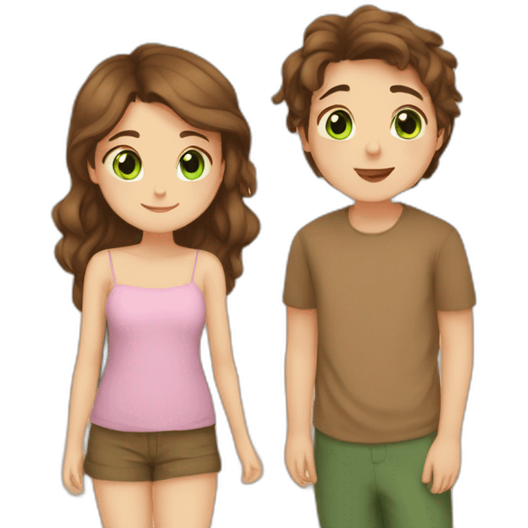 Girl with brown eyes and brown hair kisses boy with brown hair and green eyes and hugs brown fat cats emoji