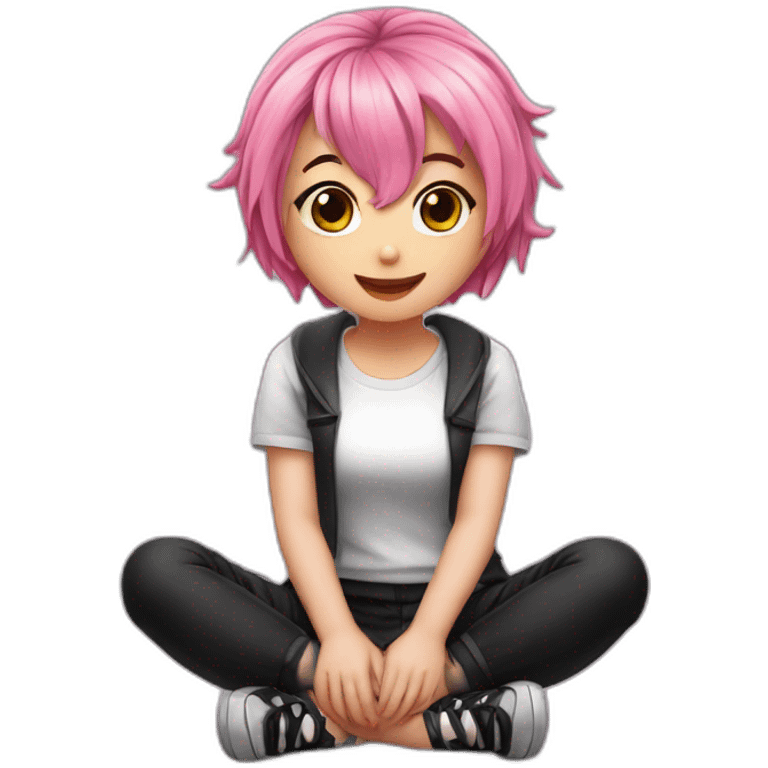 Full body Front view curvy emo girl pink hair sits on the floor straight view hands up black skirt полосатые рваные чулки emoji