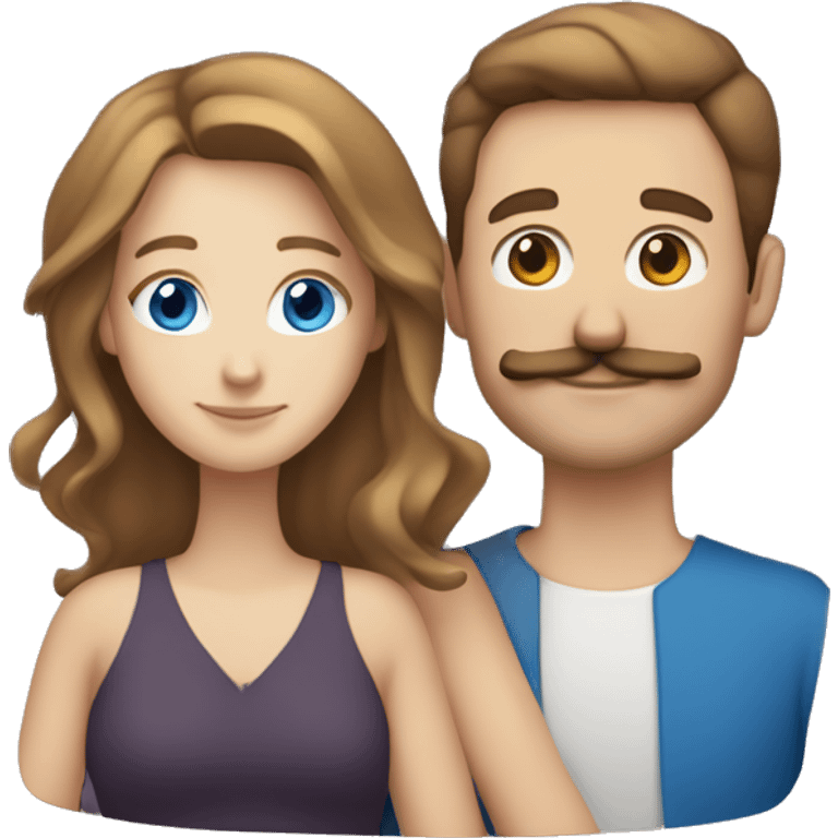 white woman whit blue eyes brown hair hugging a white man with brown hair and a moustache  emoji