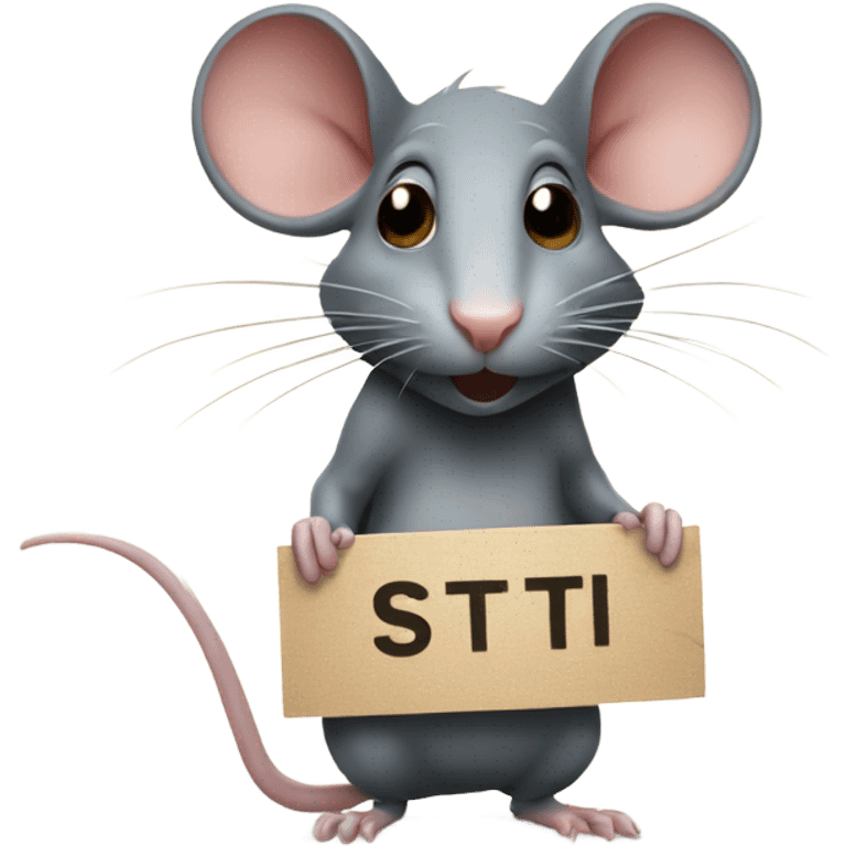 The rat, with its head turned to the right, holds a sign with the inscription emoji