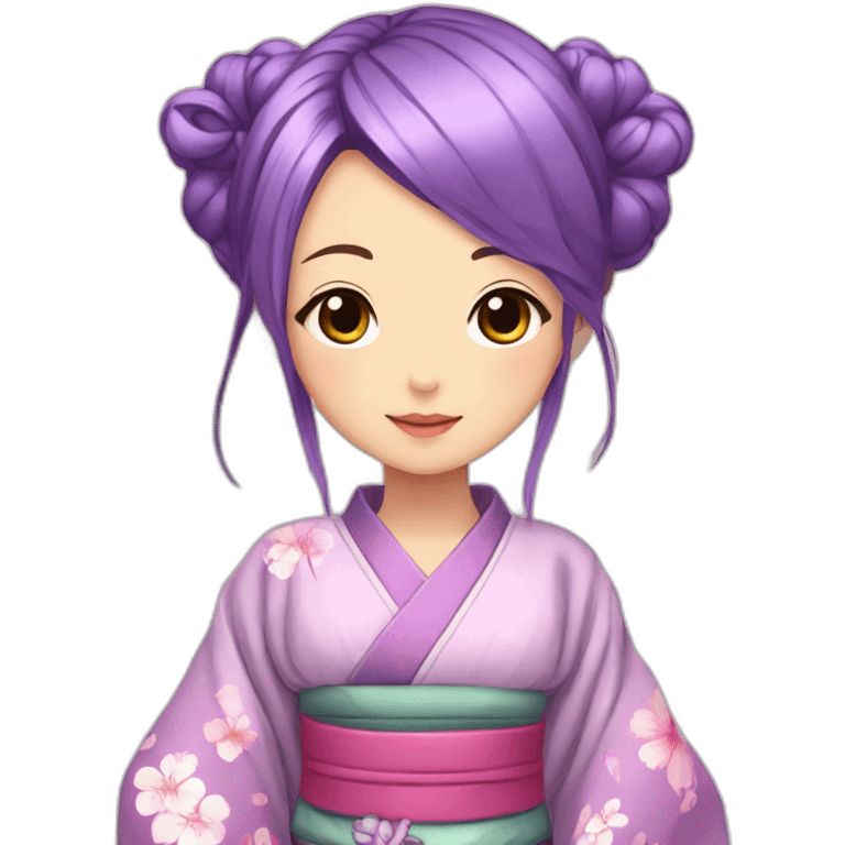 girl long purple and pink hair anime kimono and butterfly in head emoji