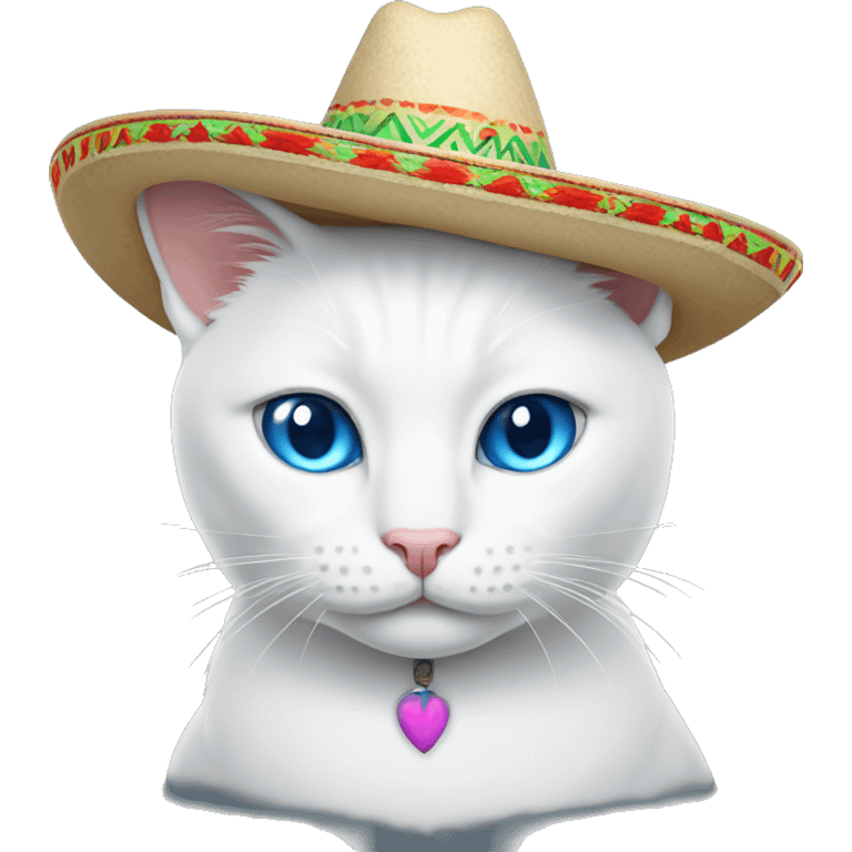 White cat blue eyes wearing Mexican sombrero one ear showing emoji