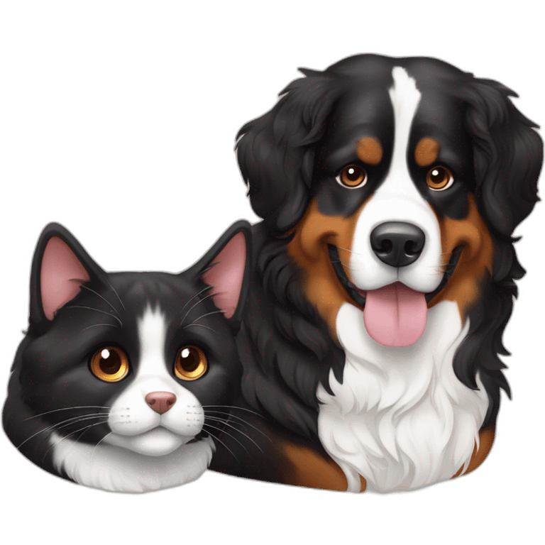 Bernese dog next to A brown and black cat without white fur emoji