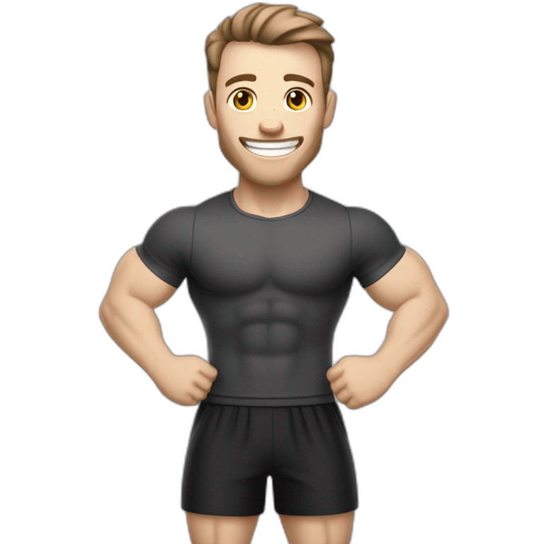 Joyful Celebrating victory Pale skinned Fit Man With the biceps and dark brown hair in black shirt, gray sports shorts and white Sneakers emoji