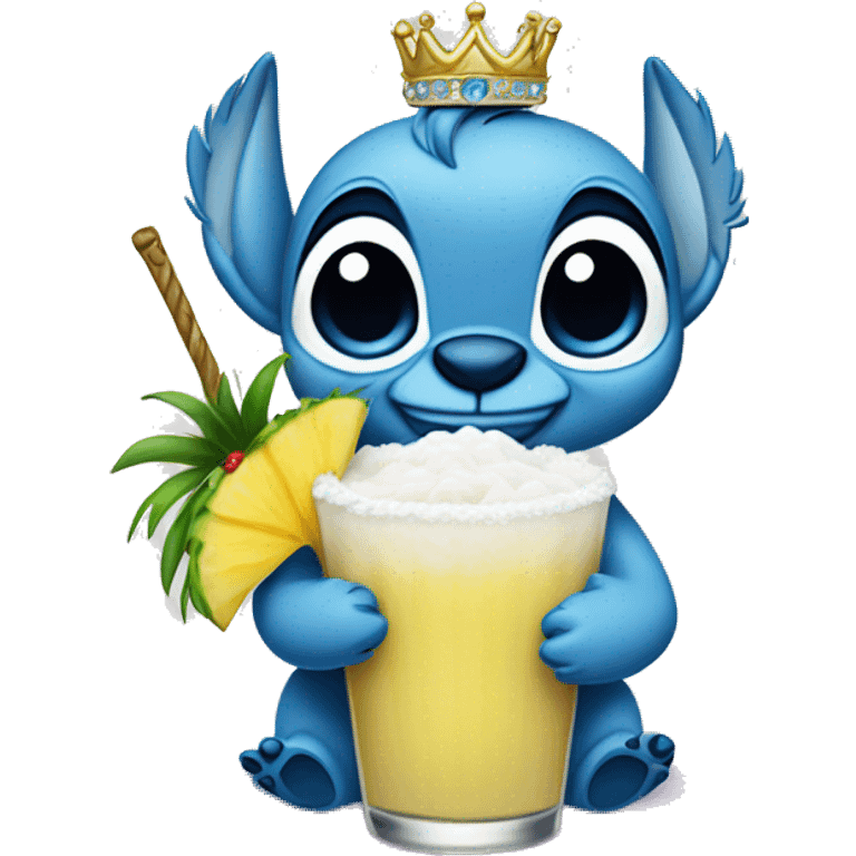 Stitch holding a pina colada with a tiara and tutu emoji