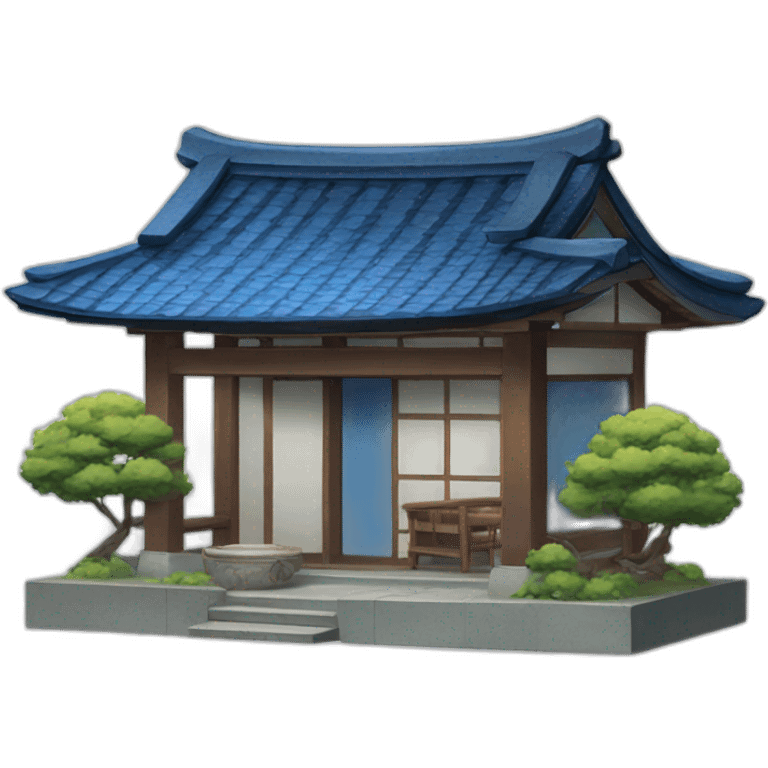 Small Japanese house with a blue tiled roof and a torii gate with blue tiles emoji