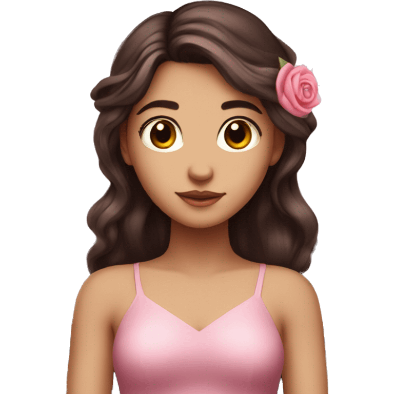 Beautiful, rose, fairy, pink, long dark brown hair, big wings, fair skin emoji