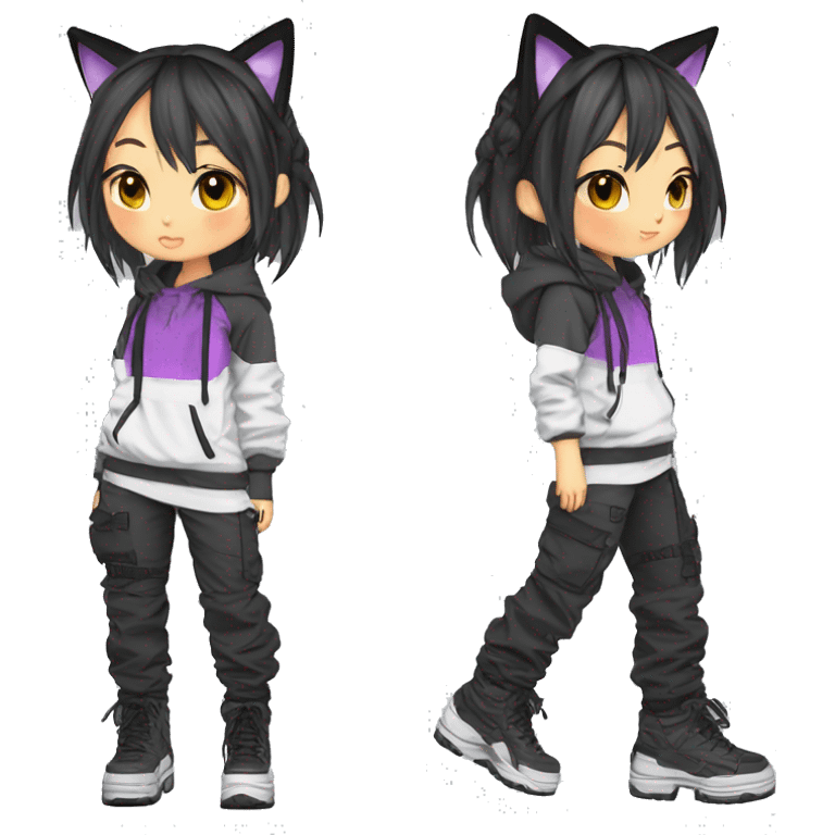 Edgy cool shy colorful Asian urban beautiful pretty anime punk tomboy-lady with cat ears techwear cargo pants hoodie collar  emoji