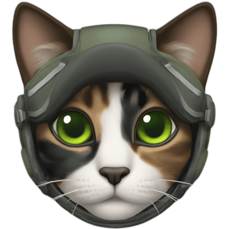 black, brown and grey calico cat without any white and with green eyes dressed as a pilot emoji