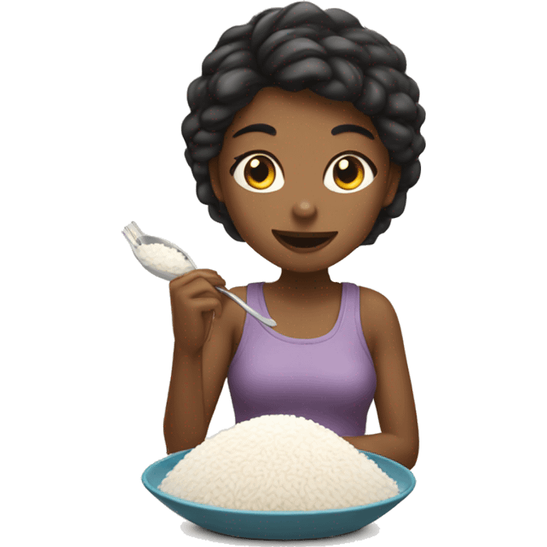 Girl eating white rice with cat emoji