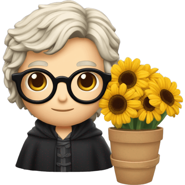 Harry potter avec les cheveux noir ondulés noir des lunettes ronde une cicatrice une baguette magique et un pot de fleur  emoji