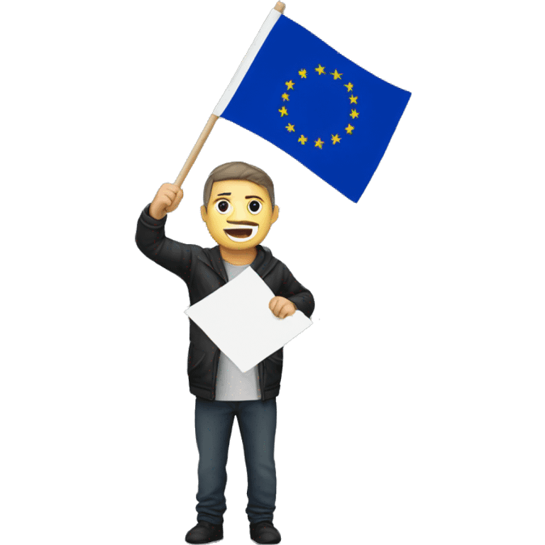 A man at a protest holding a poster with a crossed-out EU flag emoji