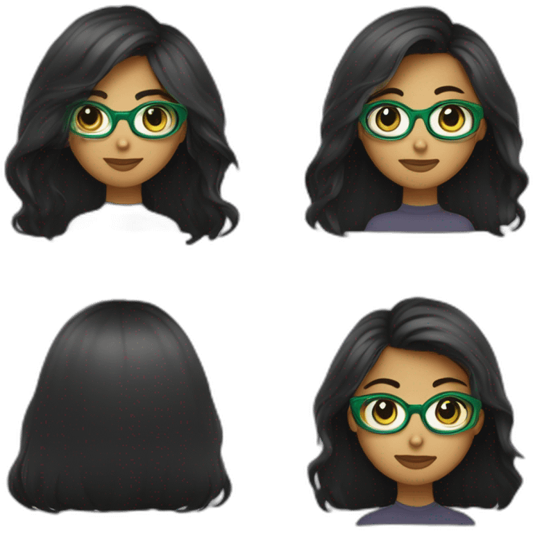 une fille avec de long cheveux noir lisse , des yeux vert , et avec des lunette (en forme de carrer un peu déformé) assez grosse comparer a ça tête , portant un pull noir emoji