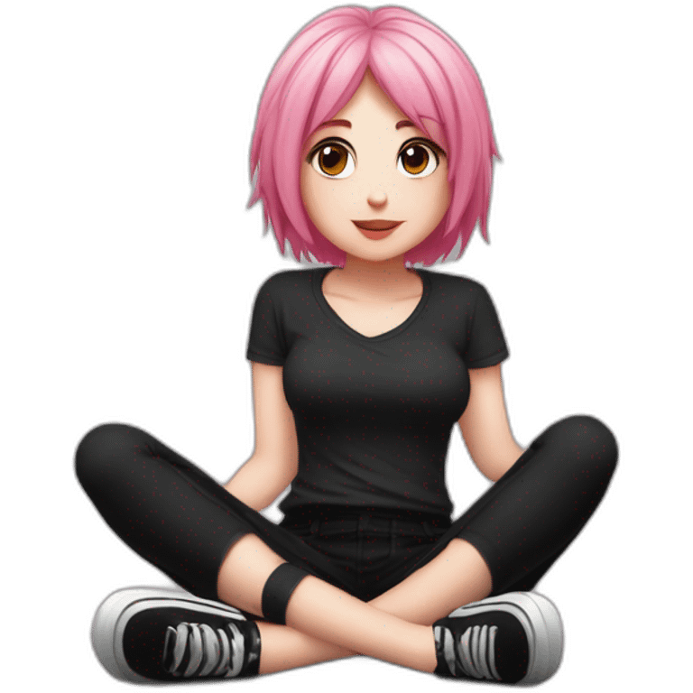 Full body Front view curvy emo girl pink hair sits on the floor straight view hands up black skirt белые трусики рваные полосатые чулки emoji