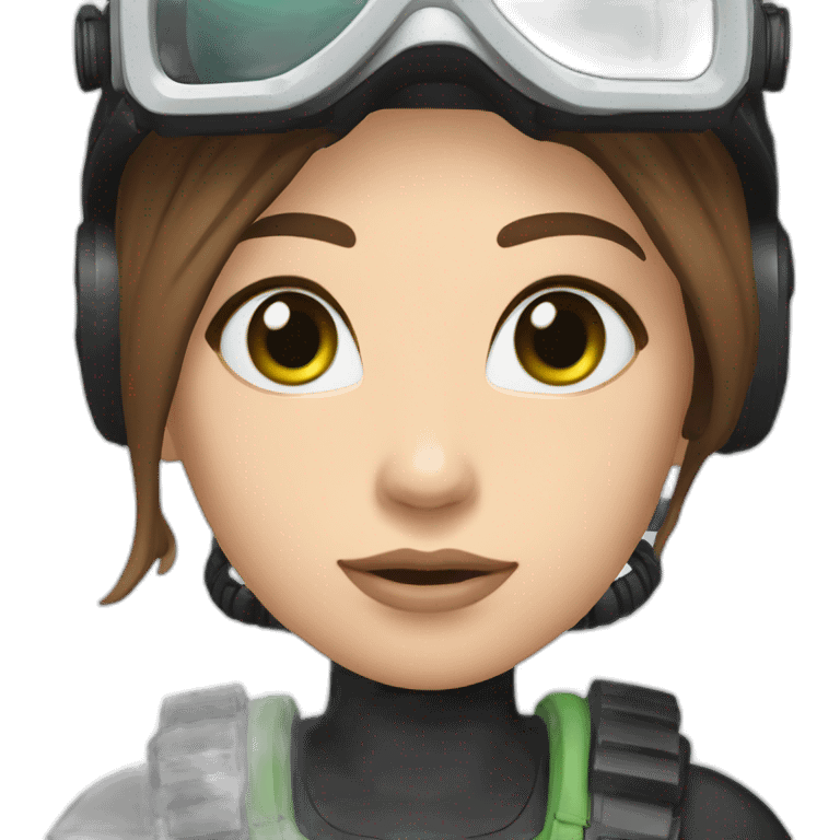 woman with underwater scubadiver gear green eyes, large and straight brown hair, pink diving underwater black suit gear emoji