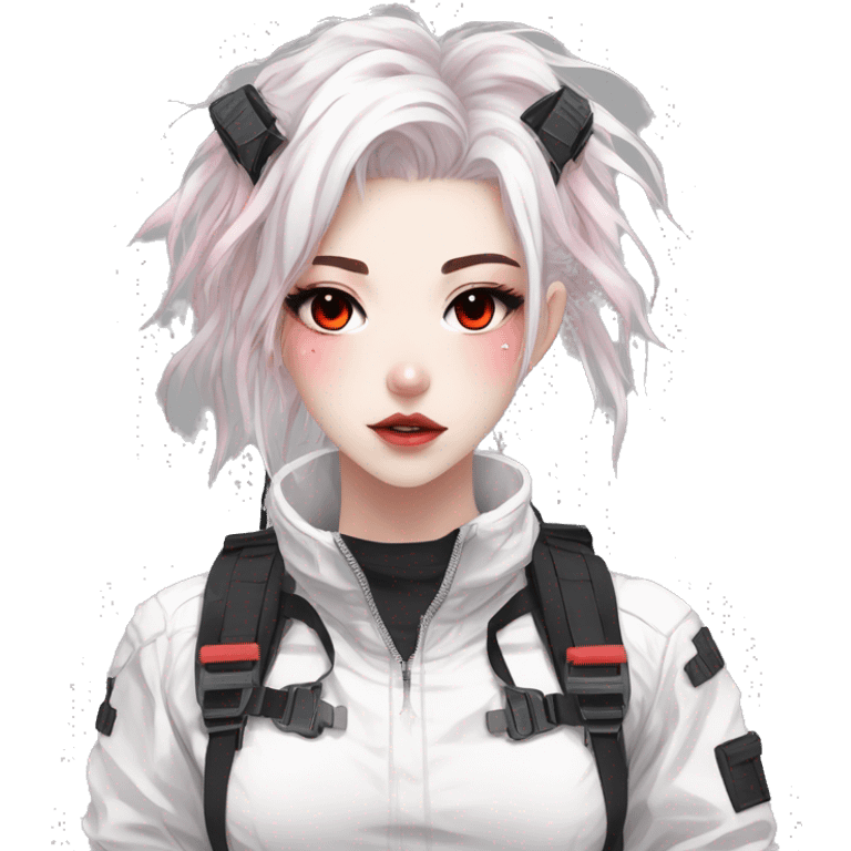 Gorgeous pastel white techwear anime style lady with blushing face aesthetic and pretty edgy black red white punk messy hair with collar and harness trending style emoji